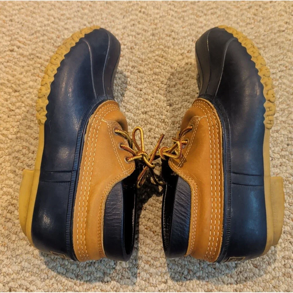 LL Bean Bean Classic Low Duck Boots Mens 8 Blue Tan Rubber Outdoor Lace Up